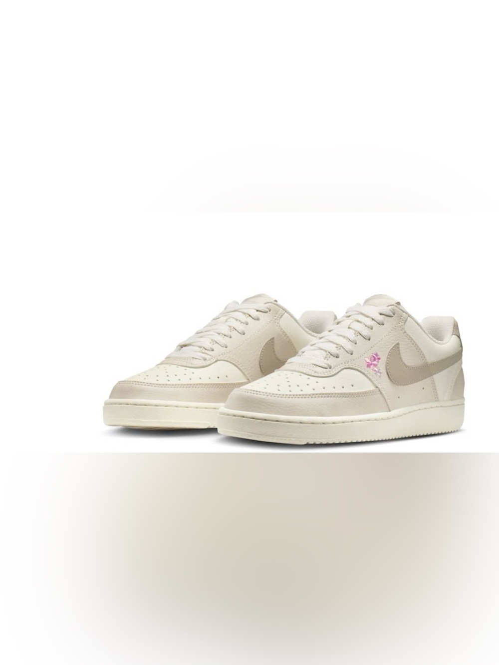 New Nike Women’s Court Vision Low Sneaker in Cream with Pink Accents